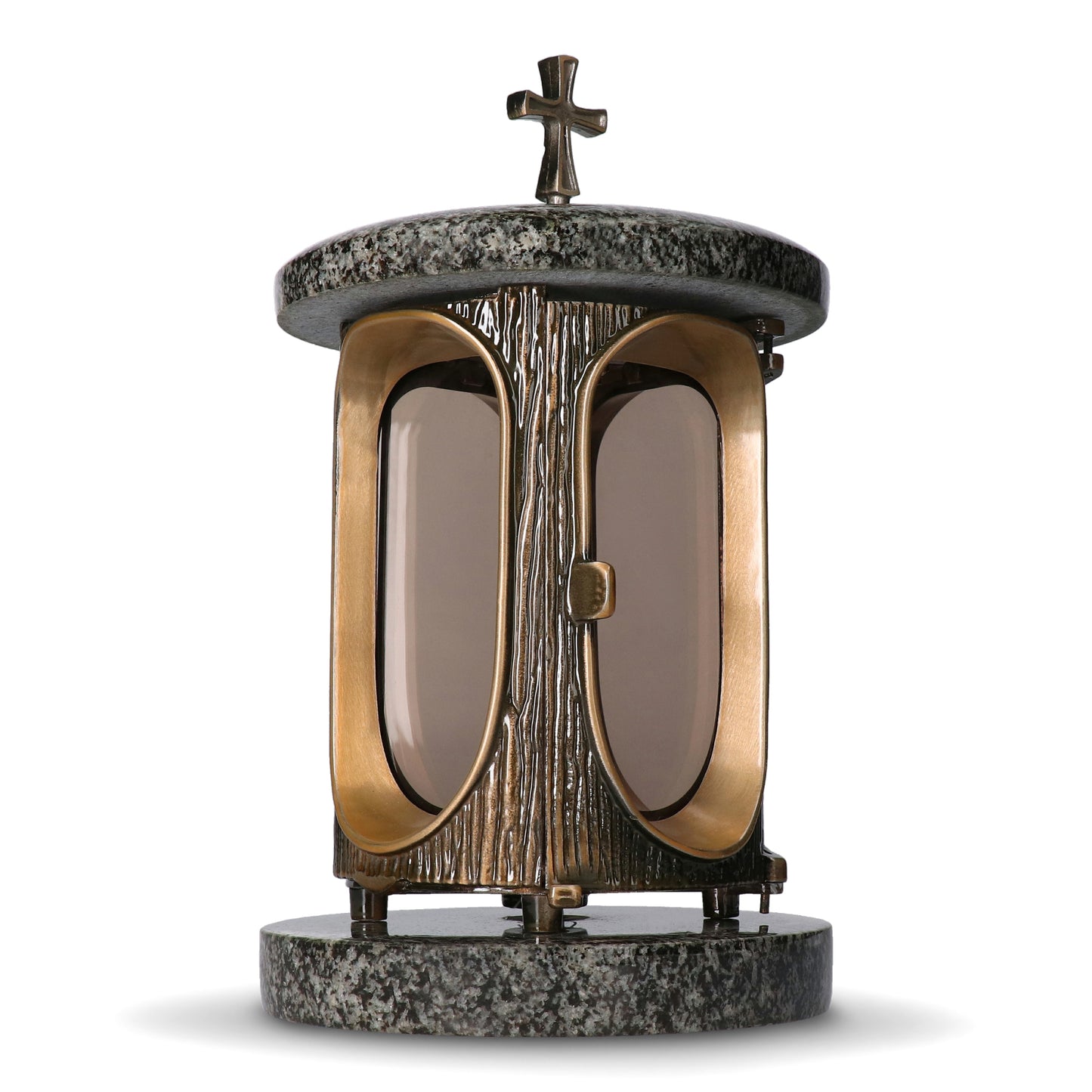 Grablaterne Granit Impala (hell) Höhe 23 cm/Ø 15 cm Bronze mit Kreuz