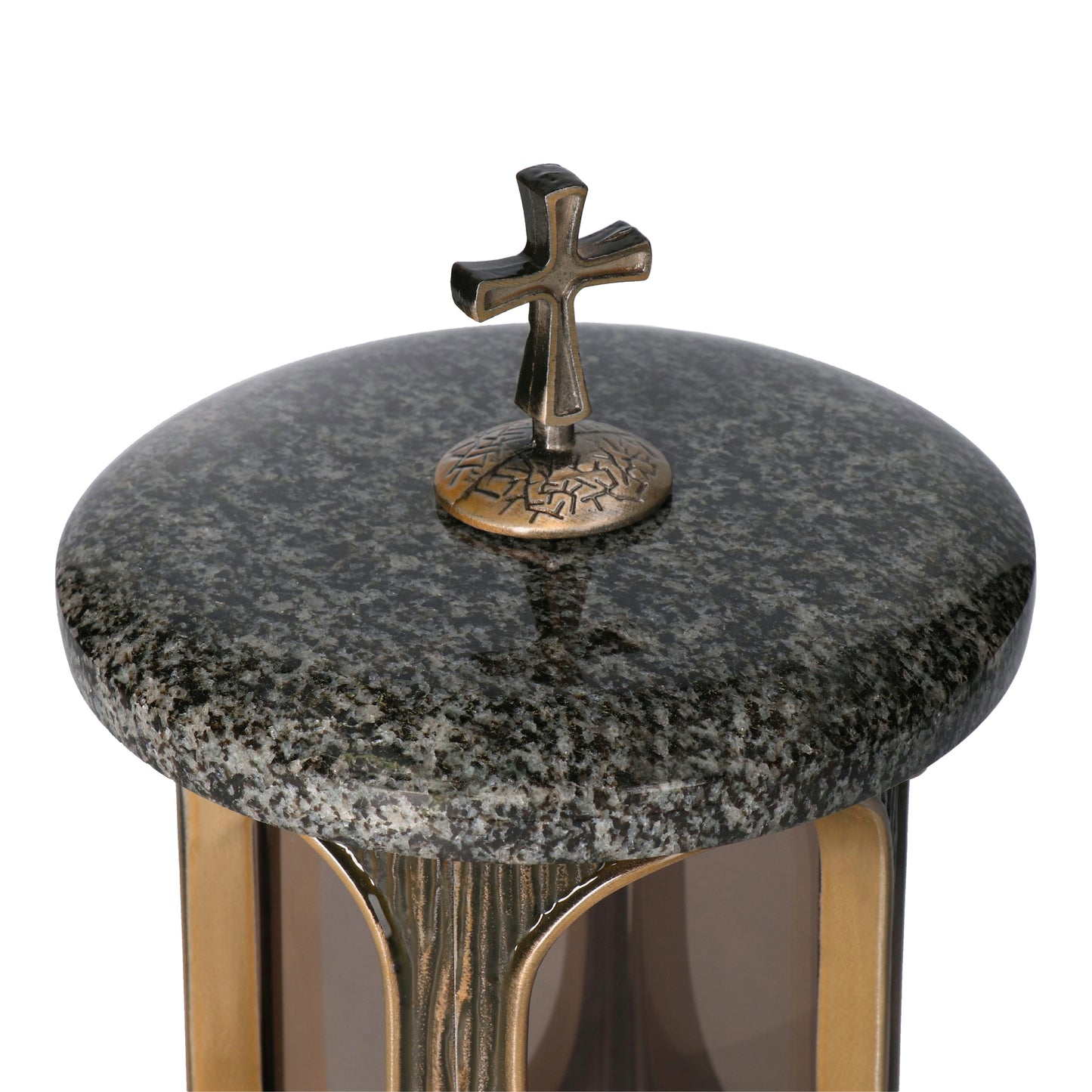Grablaterne Granit Impala (hell) Höhe 23 cm/Ø 15 cm Bronze mit Kreuz