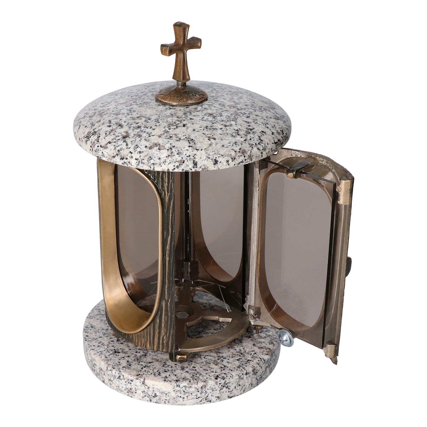 Grablaterne Granit Blanco Mino Höhe 23 cm/Ø 15 cm Bronze mit Kreuz