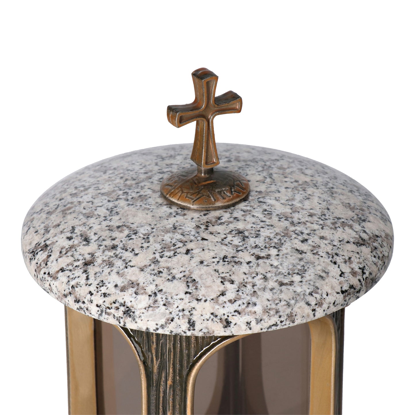 Grablaterne Granit Blanco Mino Höhe 23 cm/Ø 15 cm Bronze mit Kreuz
