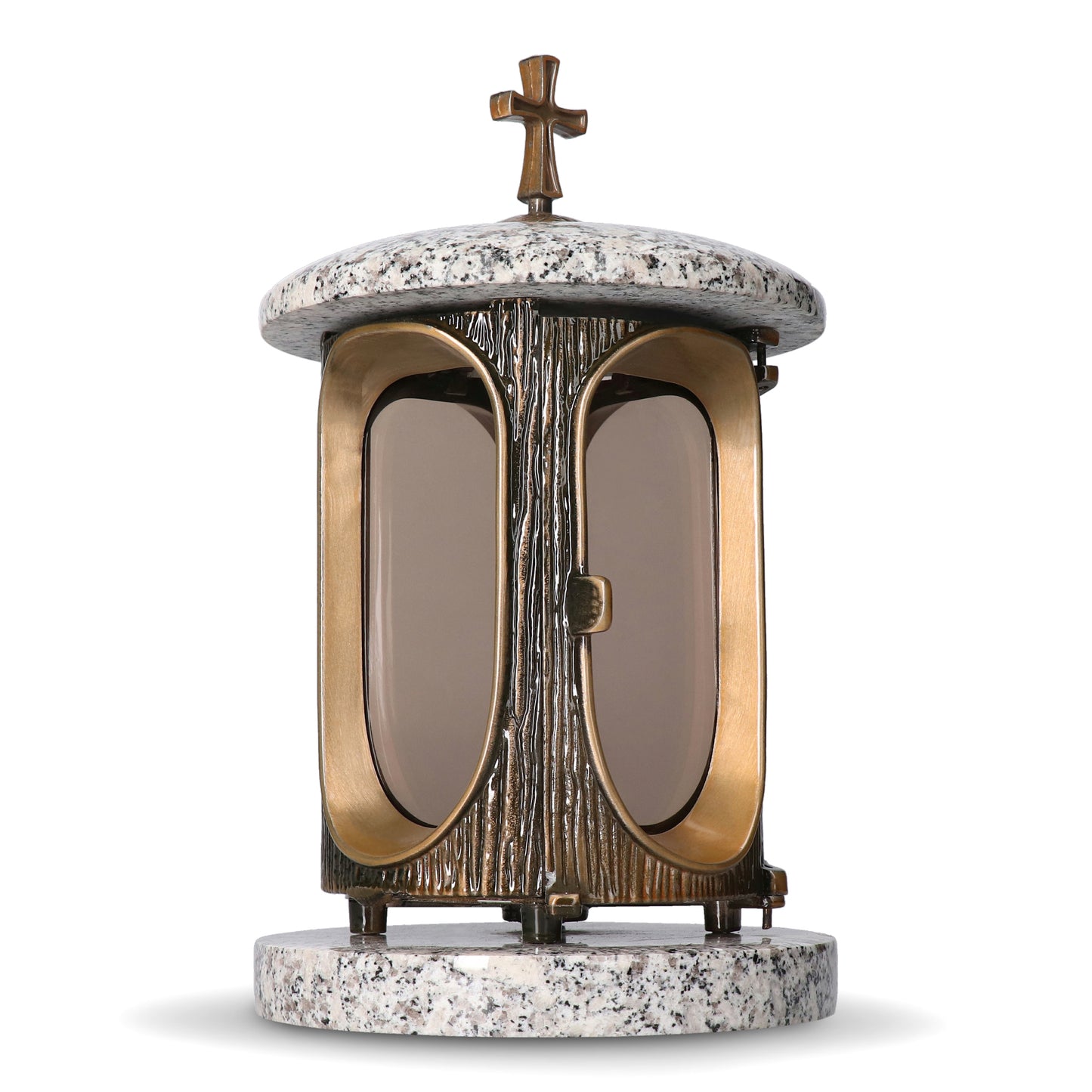 Grablaterne Granit Blanco Mino Höhe 23 cm/Ø 15 cm Bronze mit Kreuz