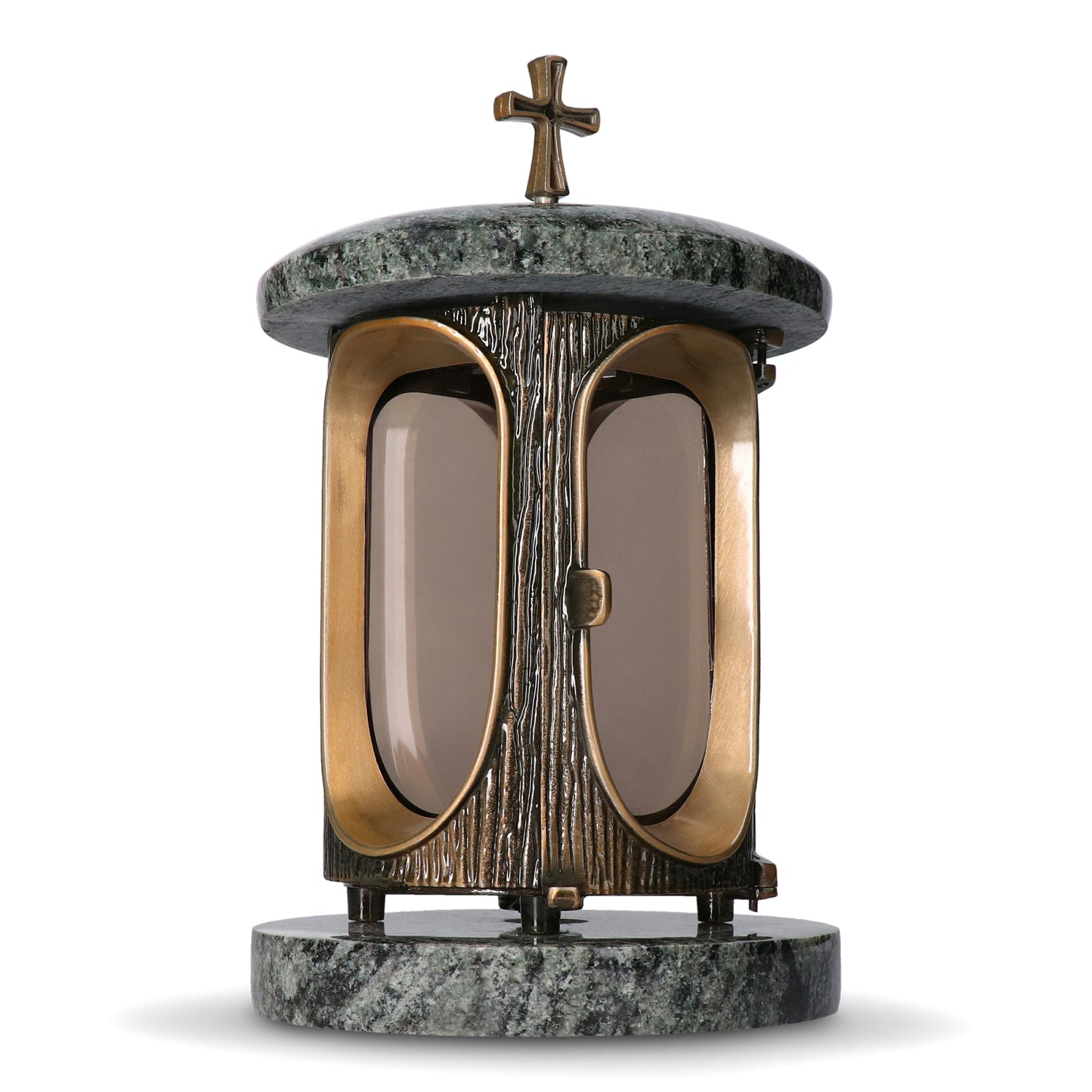 Grablaterne Granit Olive Höhe 23 cm/Ø 15 cm Bronze mit Kreuz
