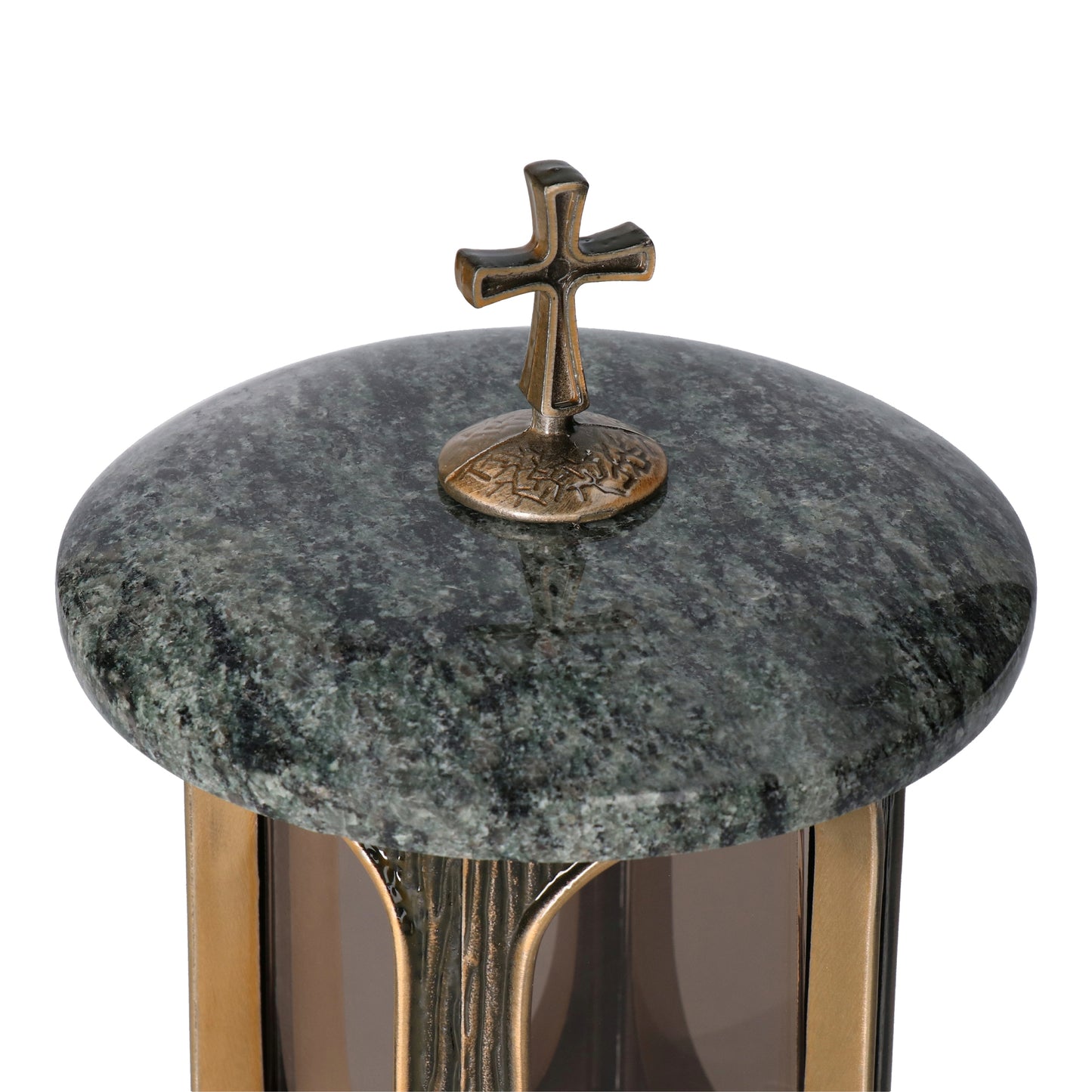Grablaterne Granit Olive Höhe 23 cm/Ø 15 cm Bronze mit Kreuz