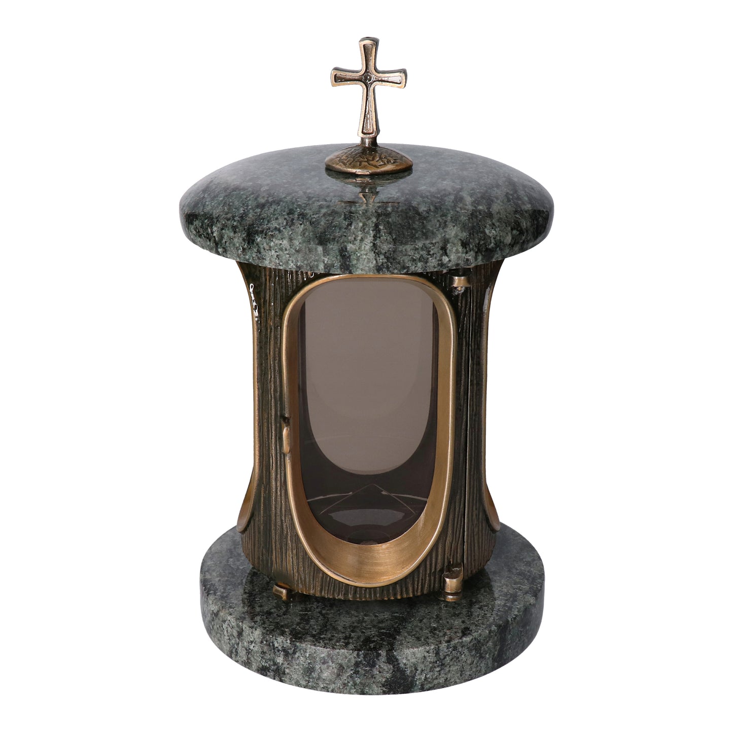 Grablaterne Granit Olive Höhe 23 cm/Ø 15 cm Bronze mit Kreuz