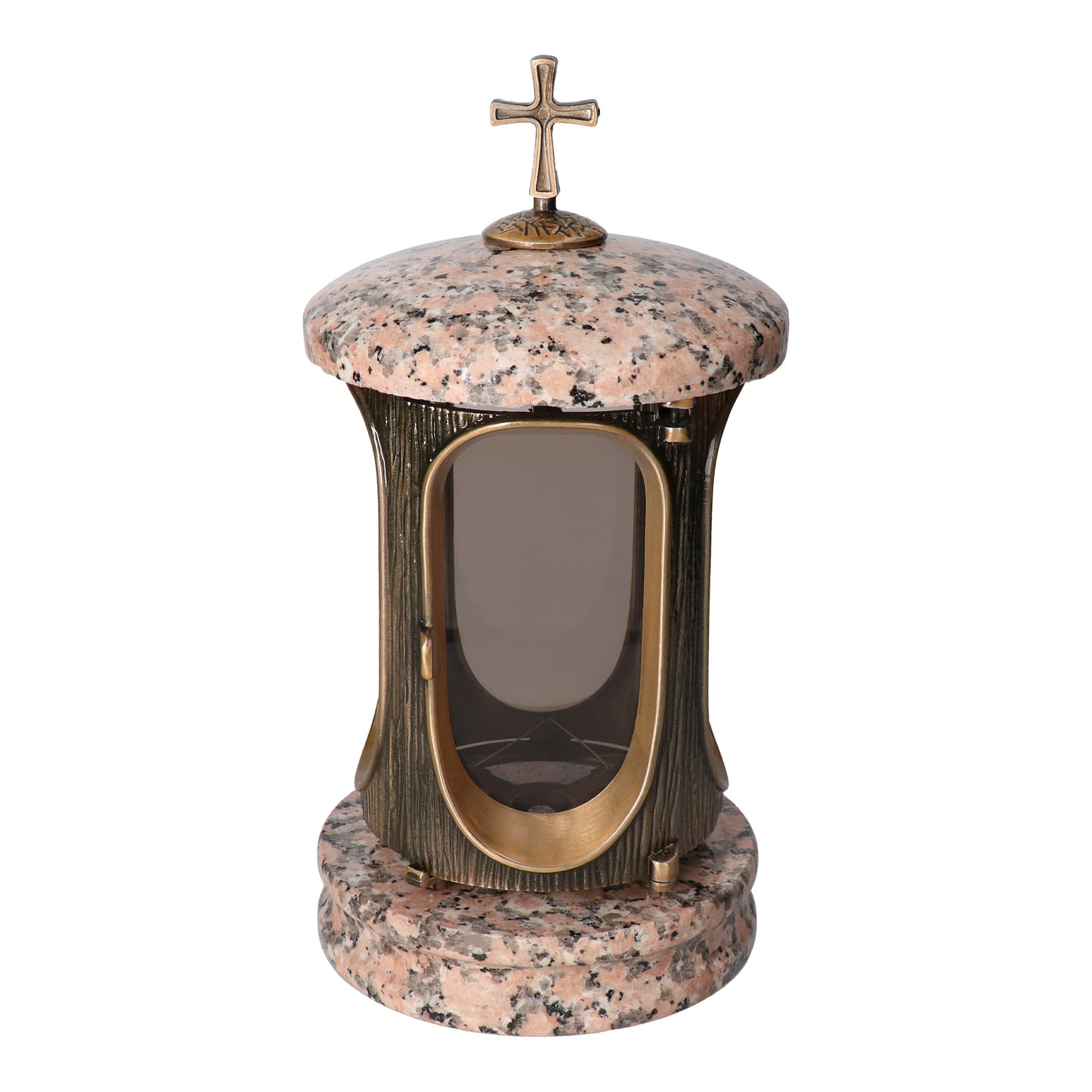 Grablaterne Granit Rosso Porino Höhe 23 cm/Ø 15 cm Bronze mit Kreuz