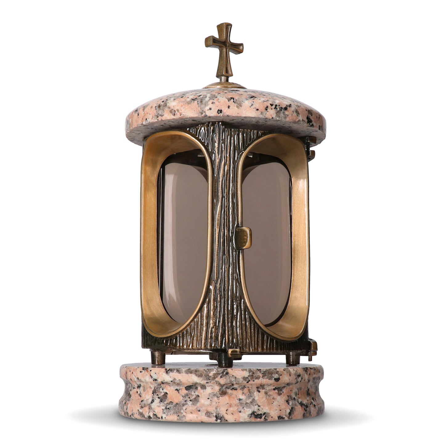 Grablaterne Granit Rosso Porino Höhe 23 cm/Ø 15 cm Bronze mit Kreuz