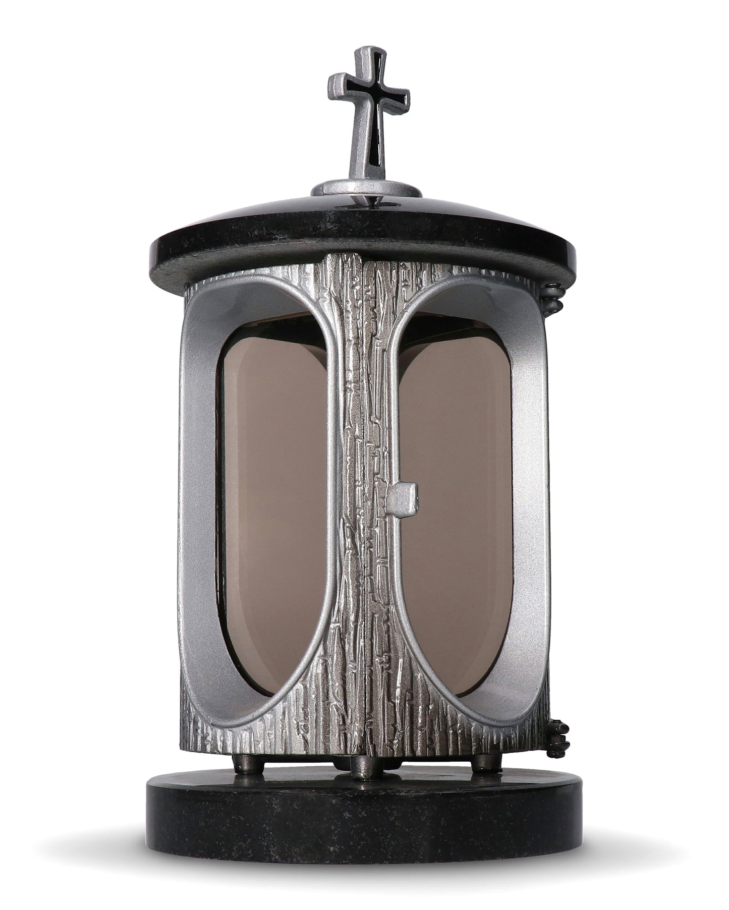 Grablaterne Granit Schwedische Black Höhe 23 cm/Ø 15 cm Silber mit Kreuz