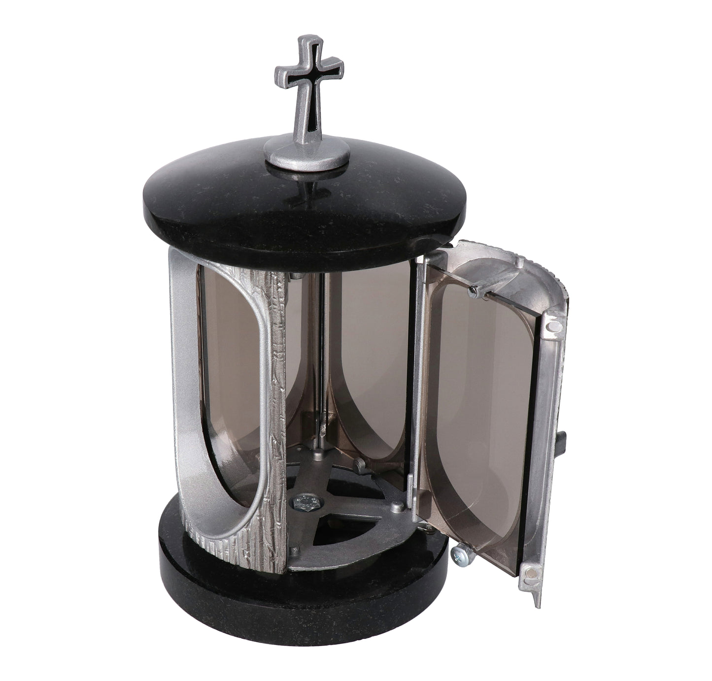 Grablaterne Granit Schwedische Black Höhe 23 cm/Ø 15 cm Silber mit Kreuz