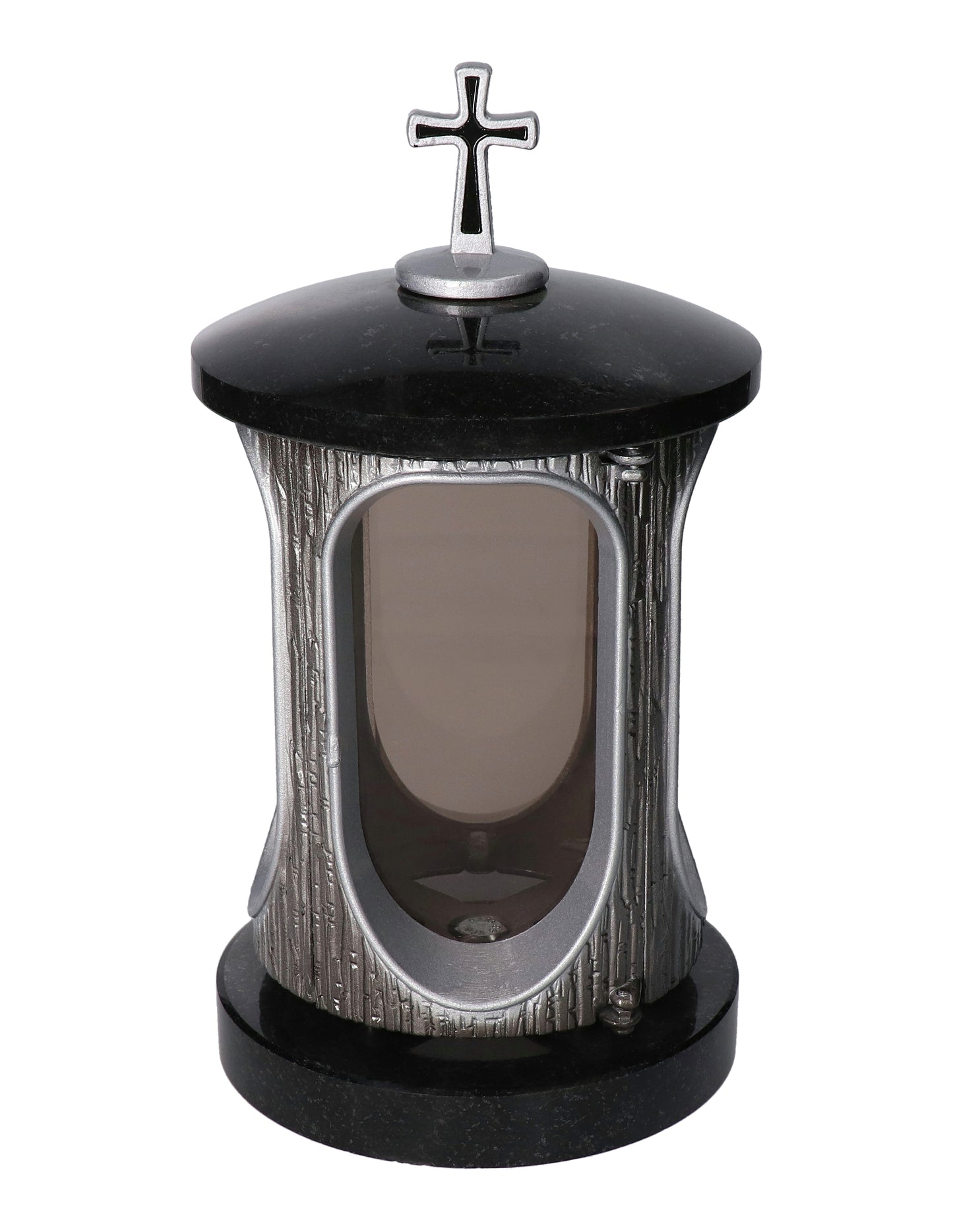 Grablaterne Granit Schwedische Black Höhe 23 cm/Ø 15 cm Silber mit Kreuz