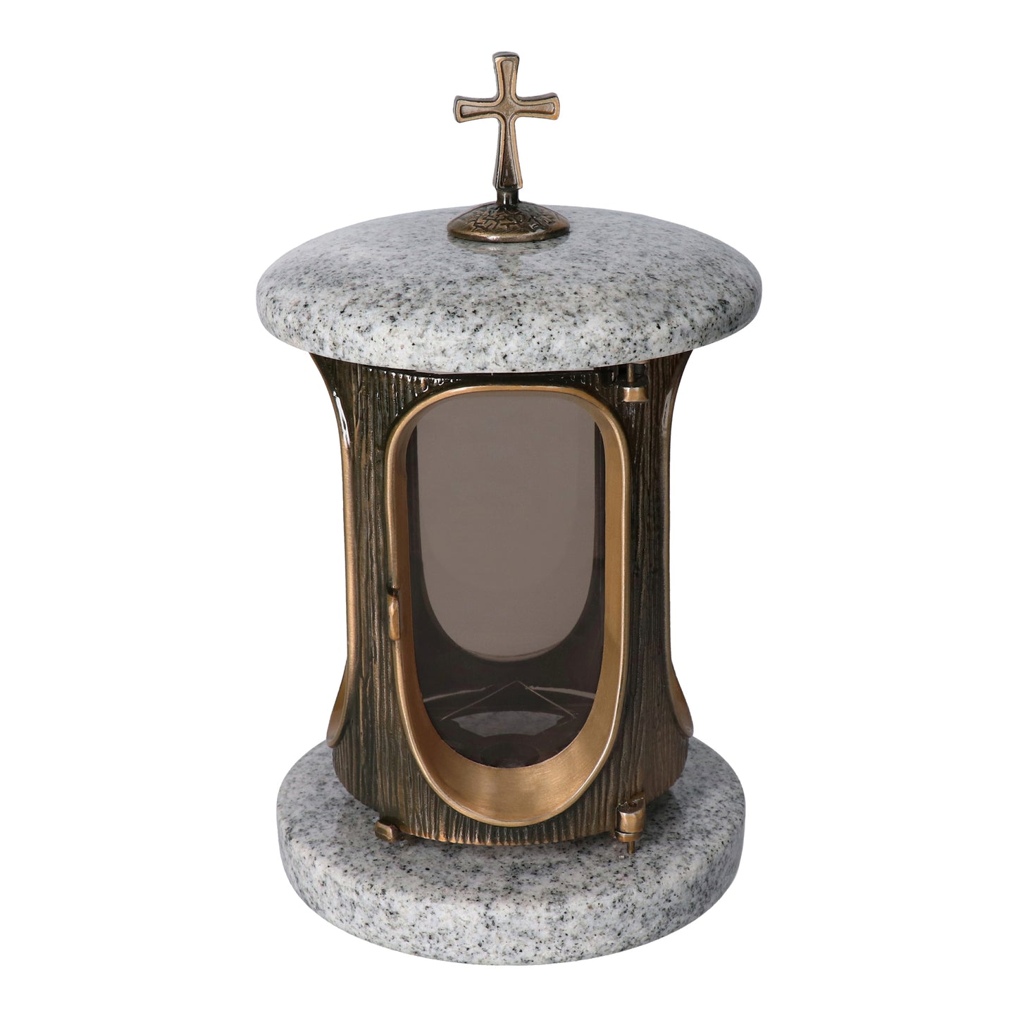 Grablaterne Granit Viscont White Höhe 23 cm/Ø 15 cm Bronze mit Kreuz