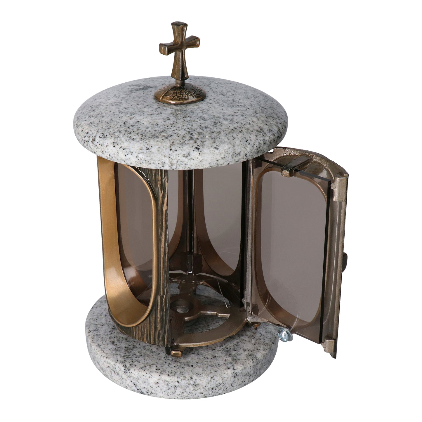 Grablaterne Granit Viscont White Höhe 23 cm/Ø 15 cm Bronze mit Kreuz