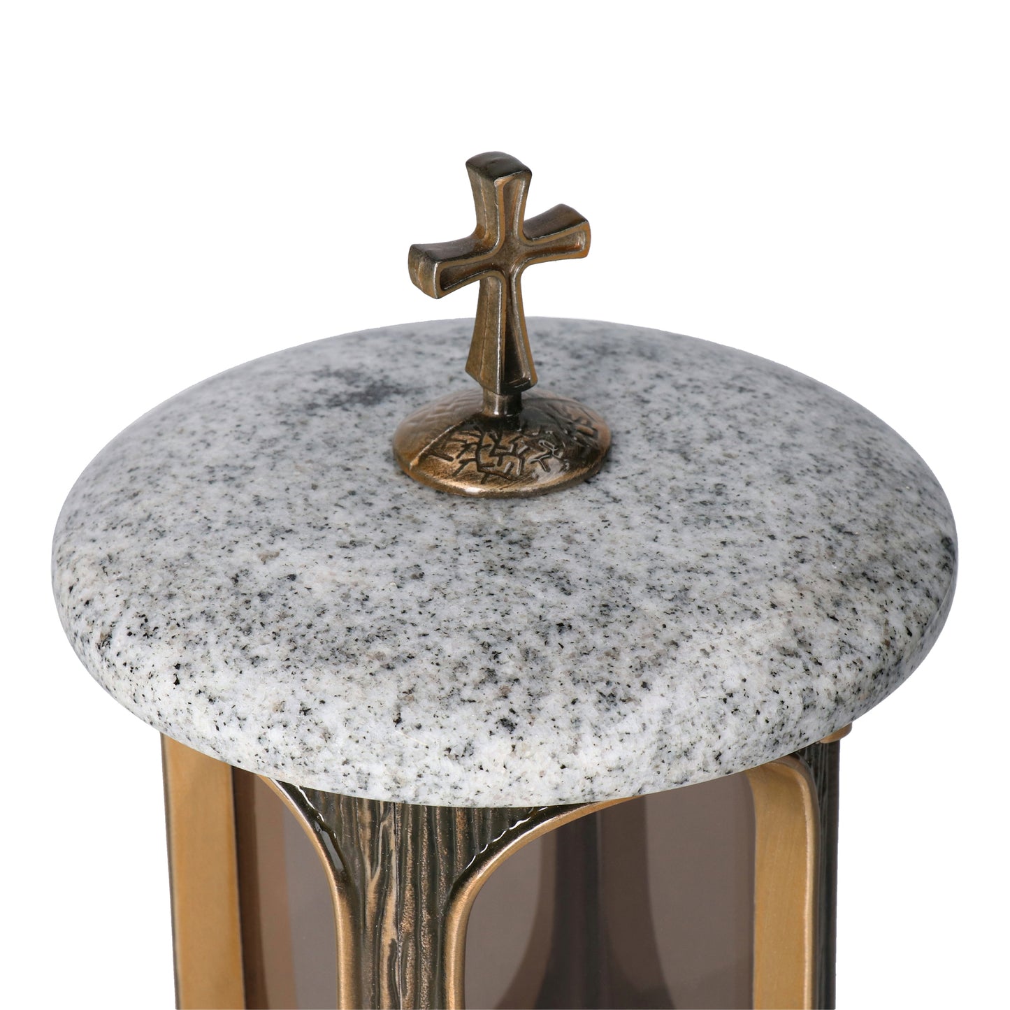 Grablaterne Granit Viscont White Höhe 23 cm/Ø 15 cm Bronze mit Kreuz