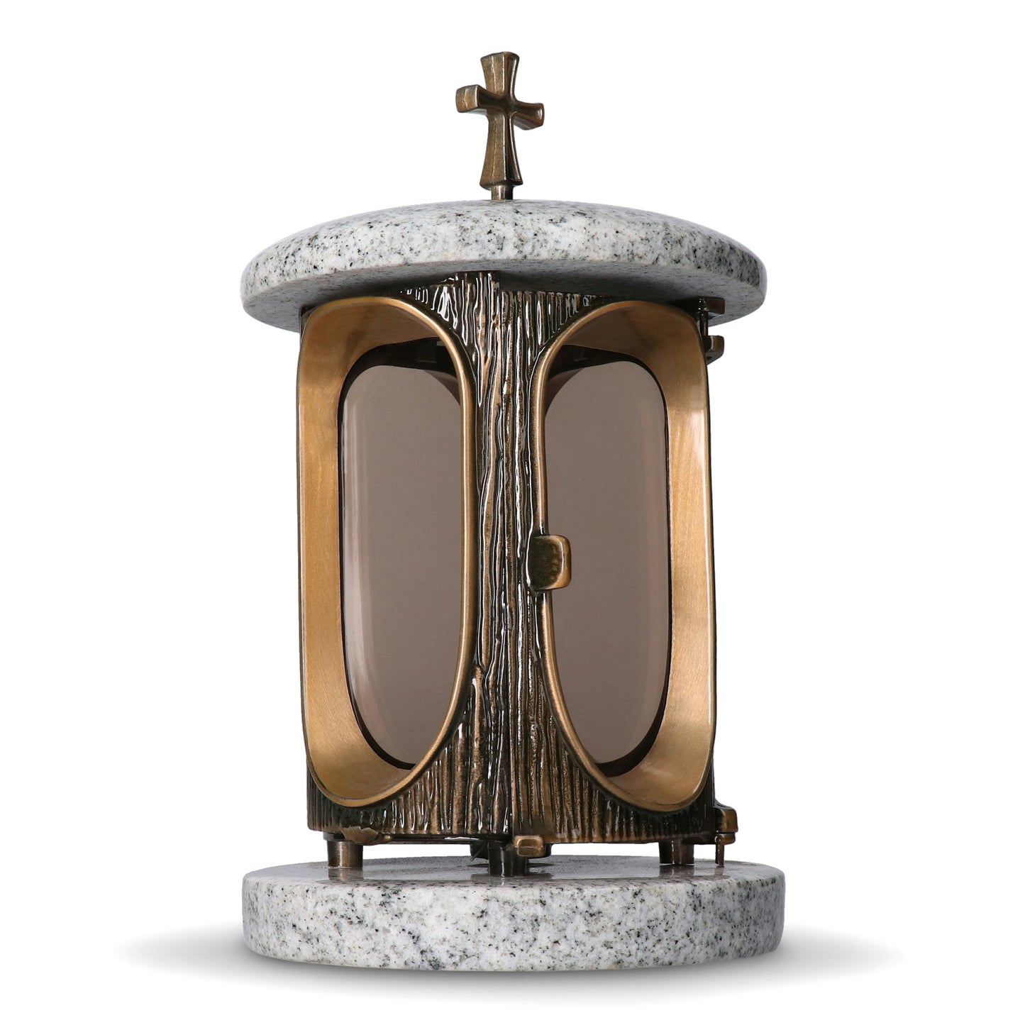 Grablaterne Granit Viscont White Höhe 23 cm/Ø 15 cm Bronze mit Kreuz