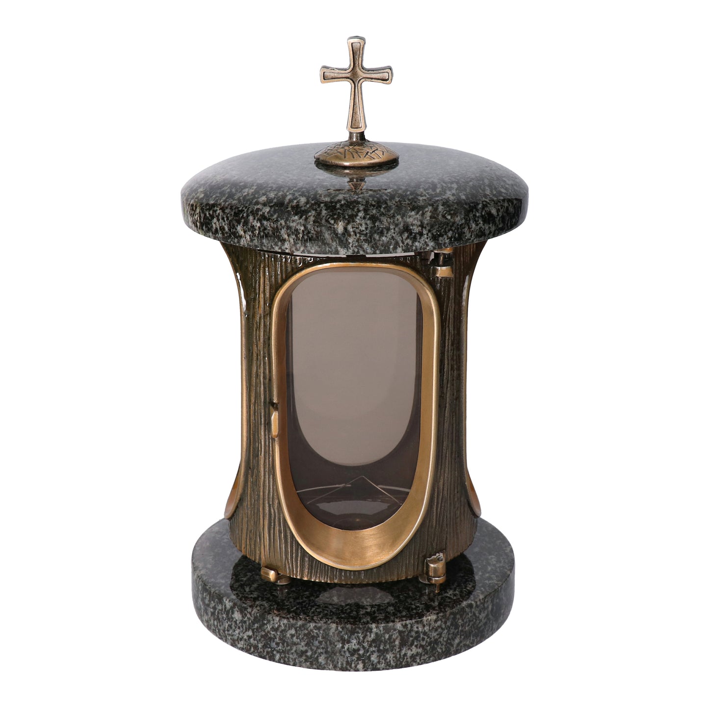 Grablaterne Granit Impala (hell) Höhe 23 cm/Ø 15 cm Bronze mit Kreuz