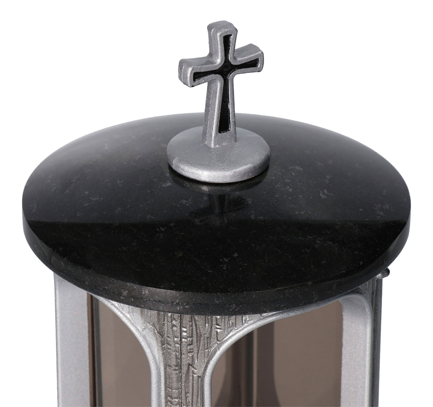 Grablaterne Granit Schwedische Black Höhe 23 cm/Ø 15 cm Silber mit Kreuz