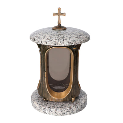 Grablaterne Granit Blanco Mino Höhe 23 cm/Ø 15 cm Bronze mit Kreuz